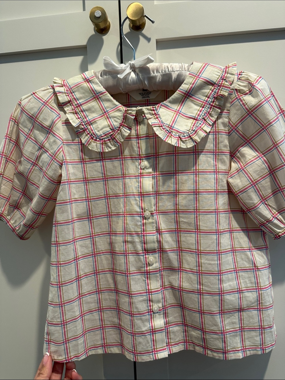 H&M Cream Top with Pink Plaid and Ruffle Collar